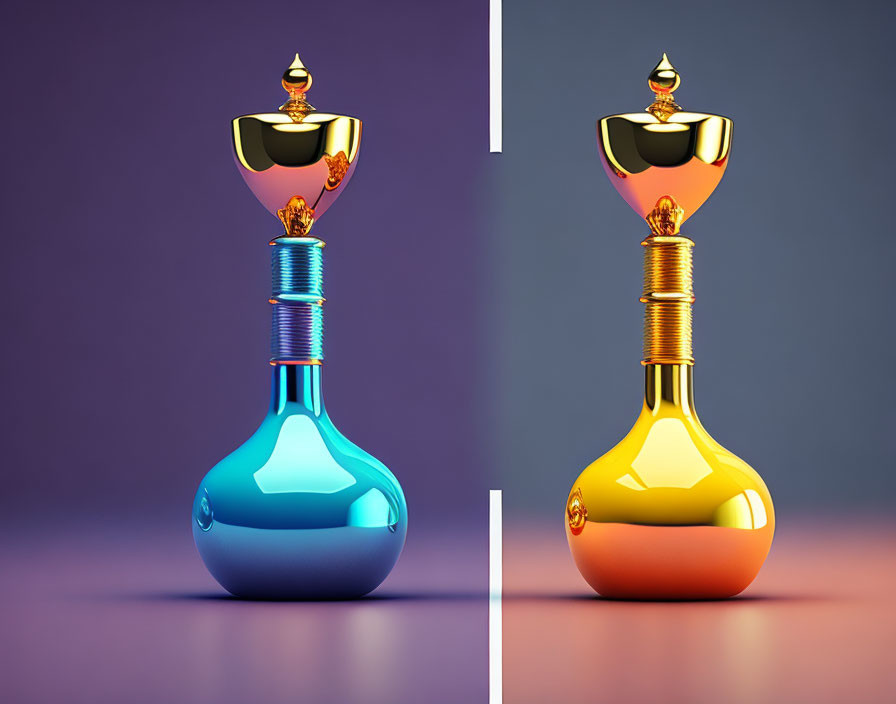 Stylized colorful potion bottles with metallic caps on purple background