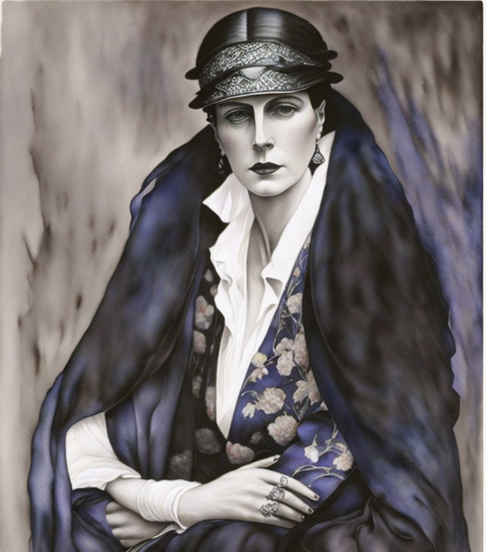 Illustrated portrait of a woman in 1920s style with cloche hat and blue floral sh