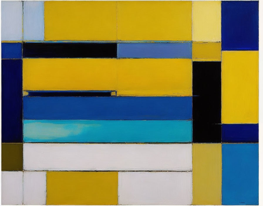 Geometric Abstract Painting in Yellow, Blue, Black, and White