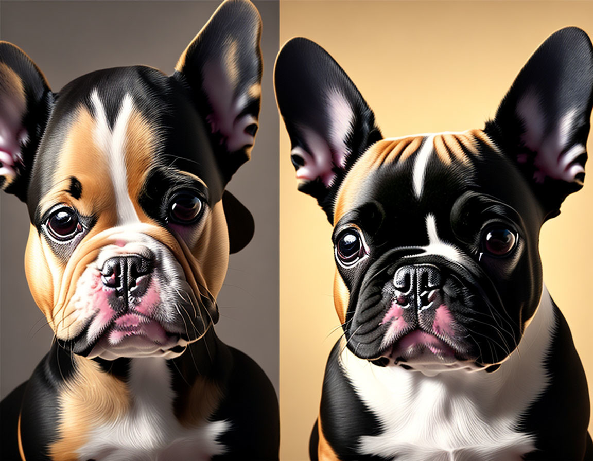 French Bulldogs with black and tan markings and bulging eyes against warm backdrop