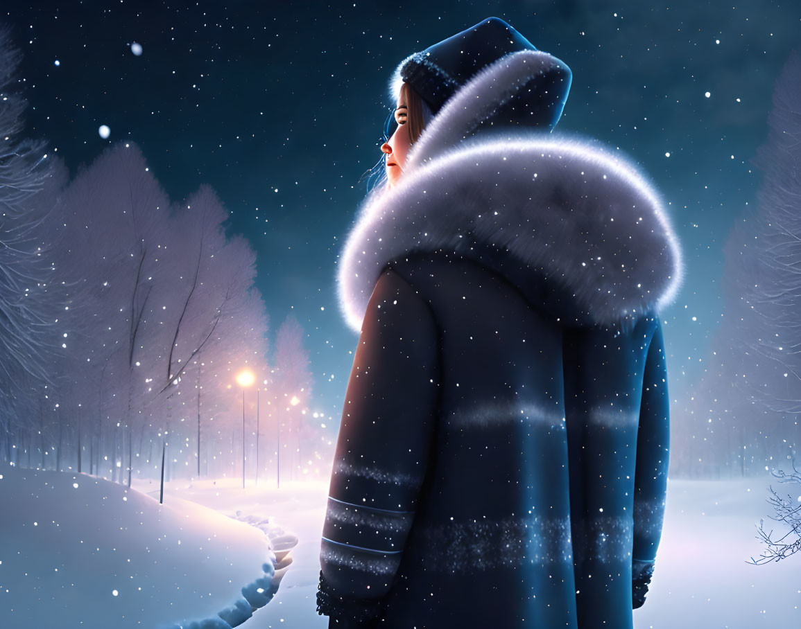 Person in warm coat with fur hood under snowy sky in serene, snow-covered park.