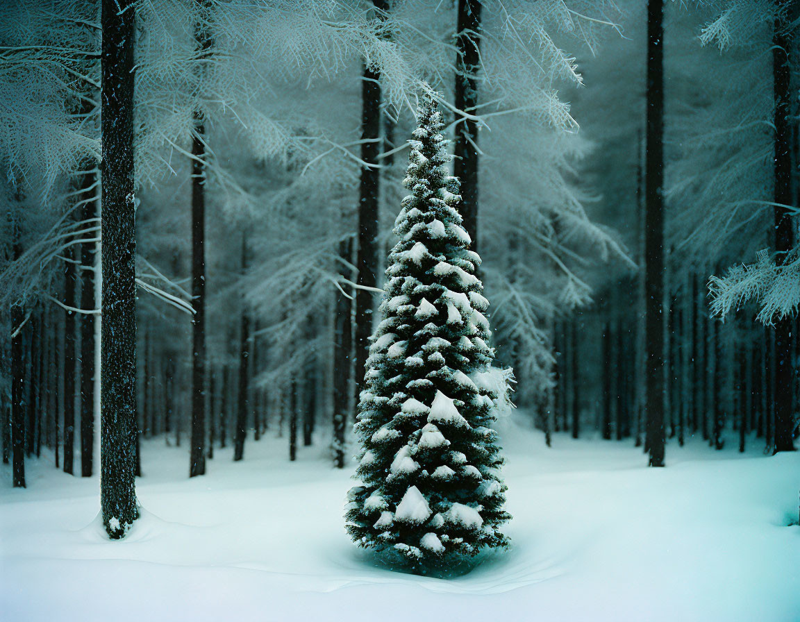 Snow-covered fir tree in tranquil snowy forest surrounded by tall bare trees