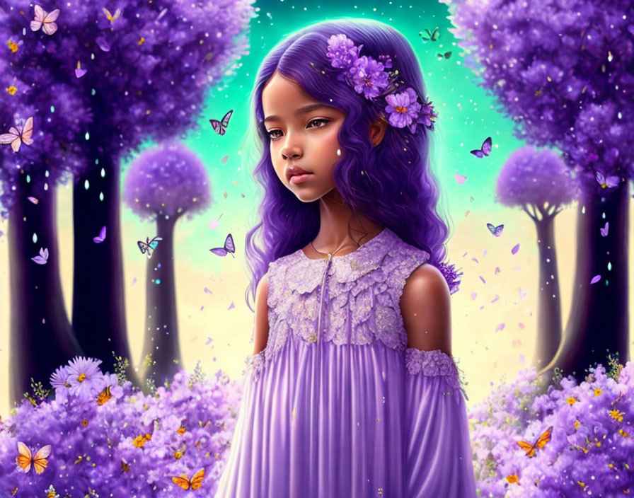 Whimsical girl in purple dress with butterflies and trees