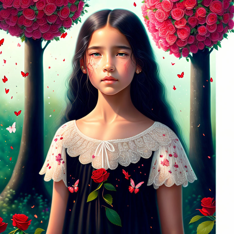 Serene young girl in magical forest with blooming roses and butterflies