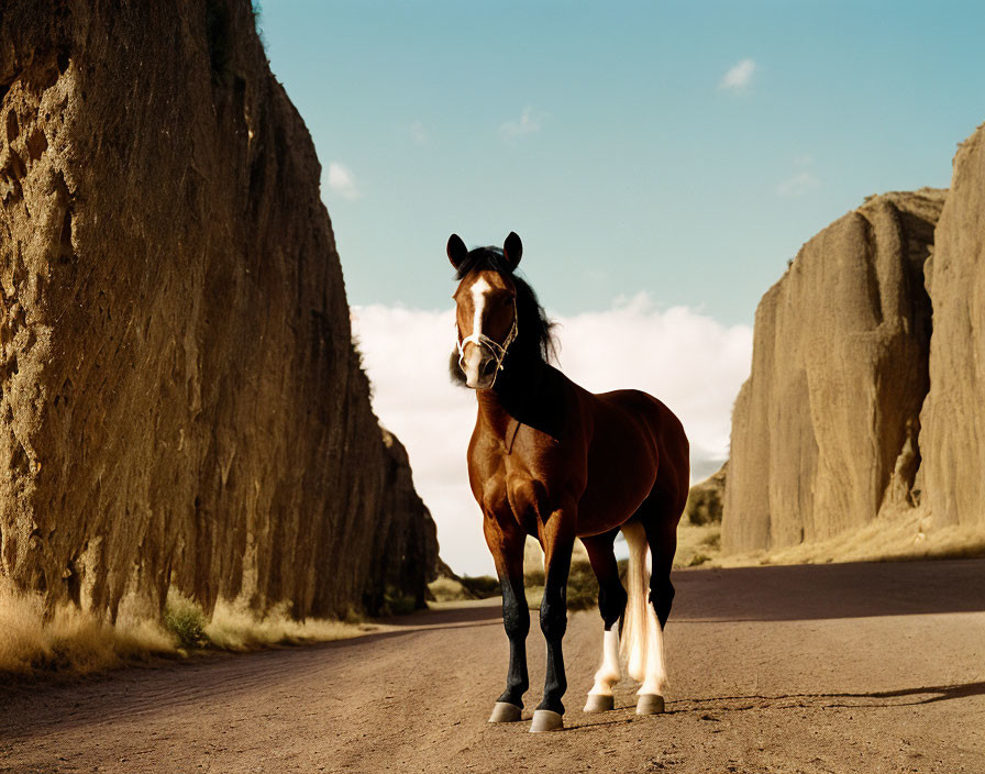 Chestnut Brown Horse with White Blaze on Deserted Road