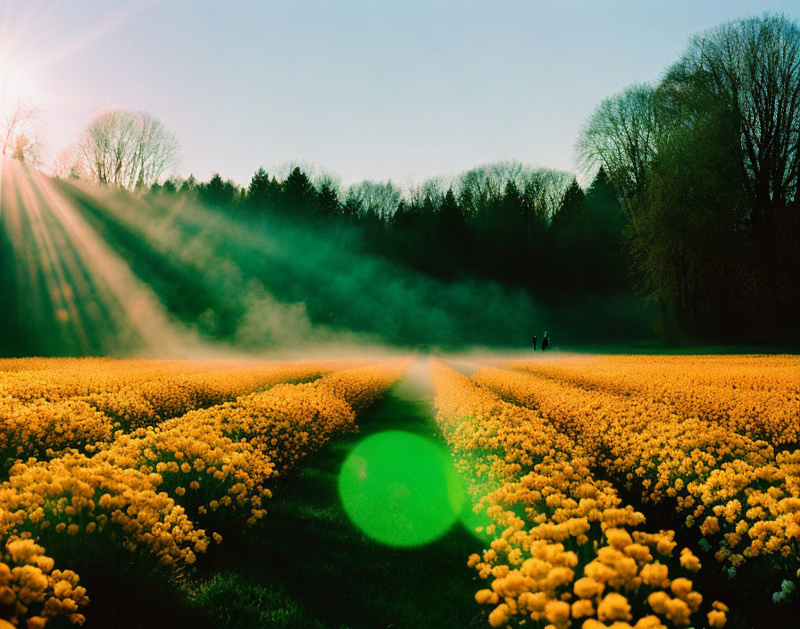 Tranquil sunrise scene with yellow flowers and couple walking in distance