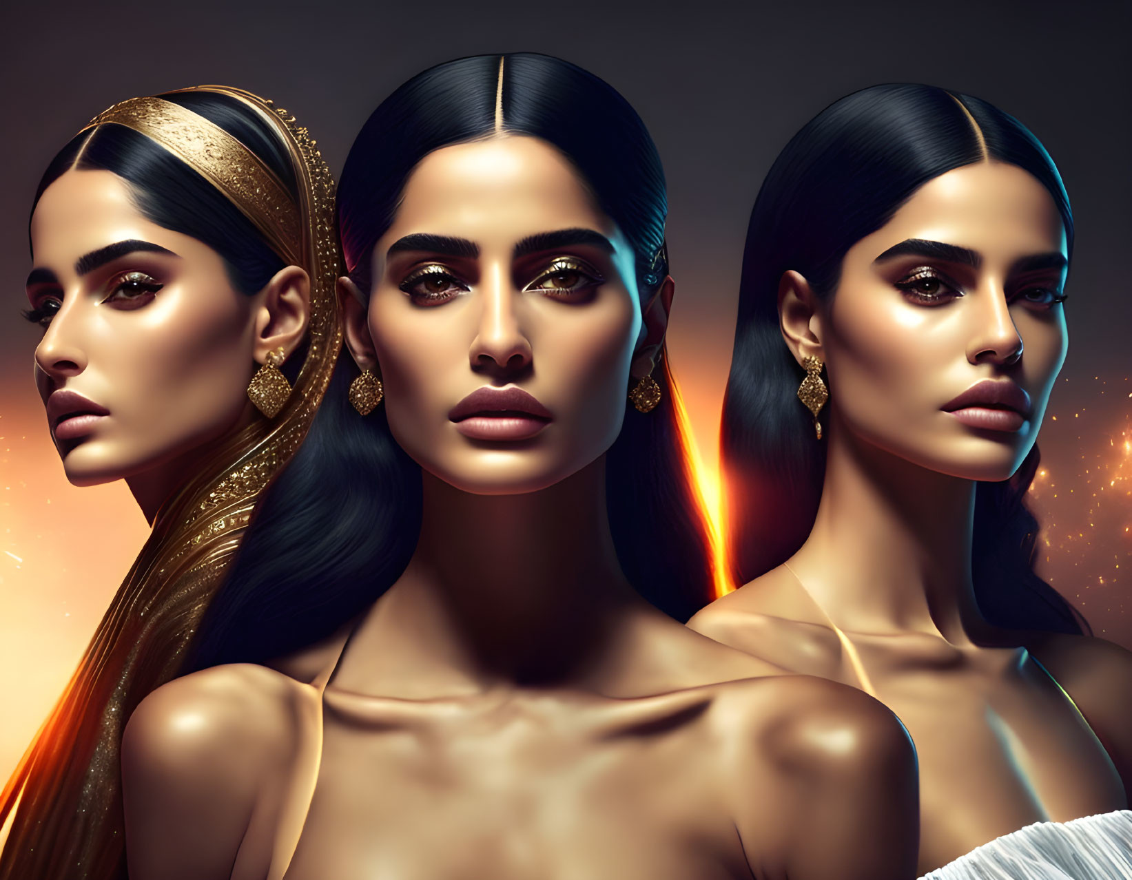 Elegant women with striking makeup and hairstyles in dramatic lighting