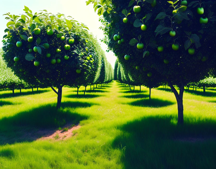 Lush apple orchard with fruit-laden trees and green grass