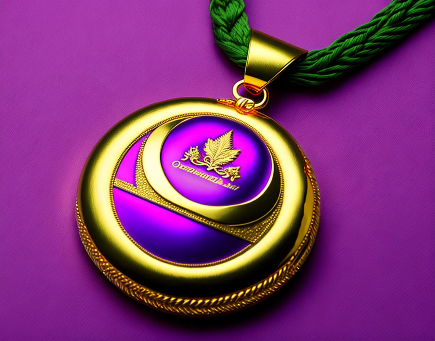 Purple and Gold Medallion with Leaf Emblem on Green Cord