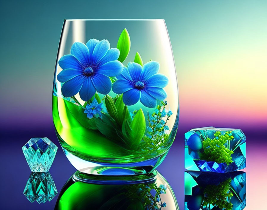 Colorful digital artwork: Glass with green liquid, blue flowers, abstract crystal