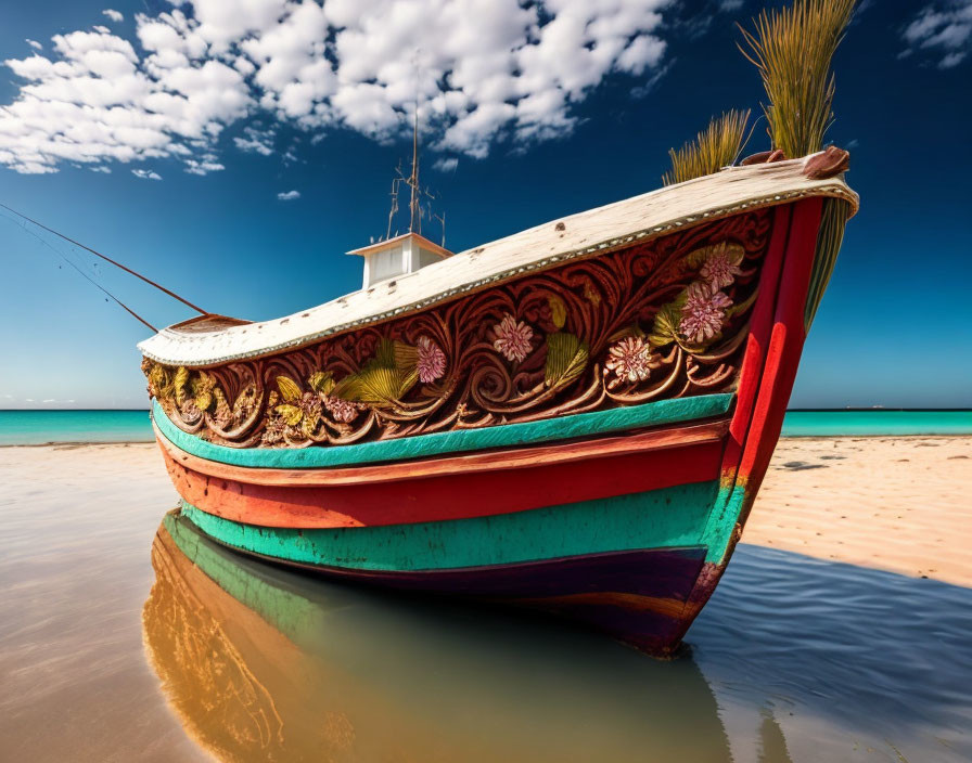 Colorful fishing boat with intricate carvings on sandy shore