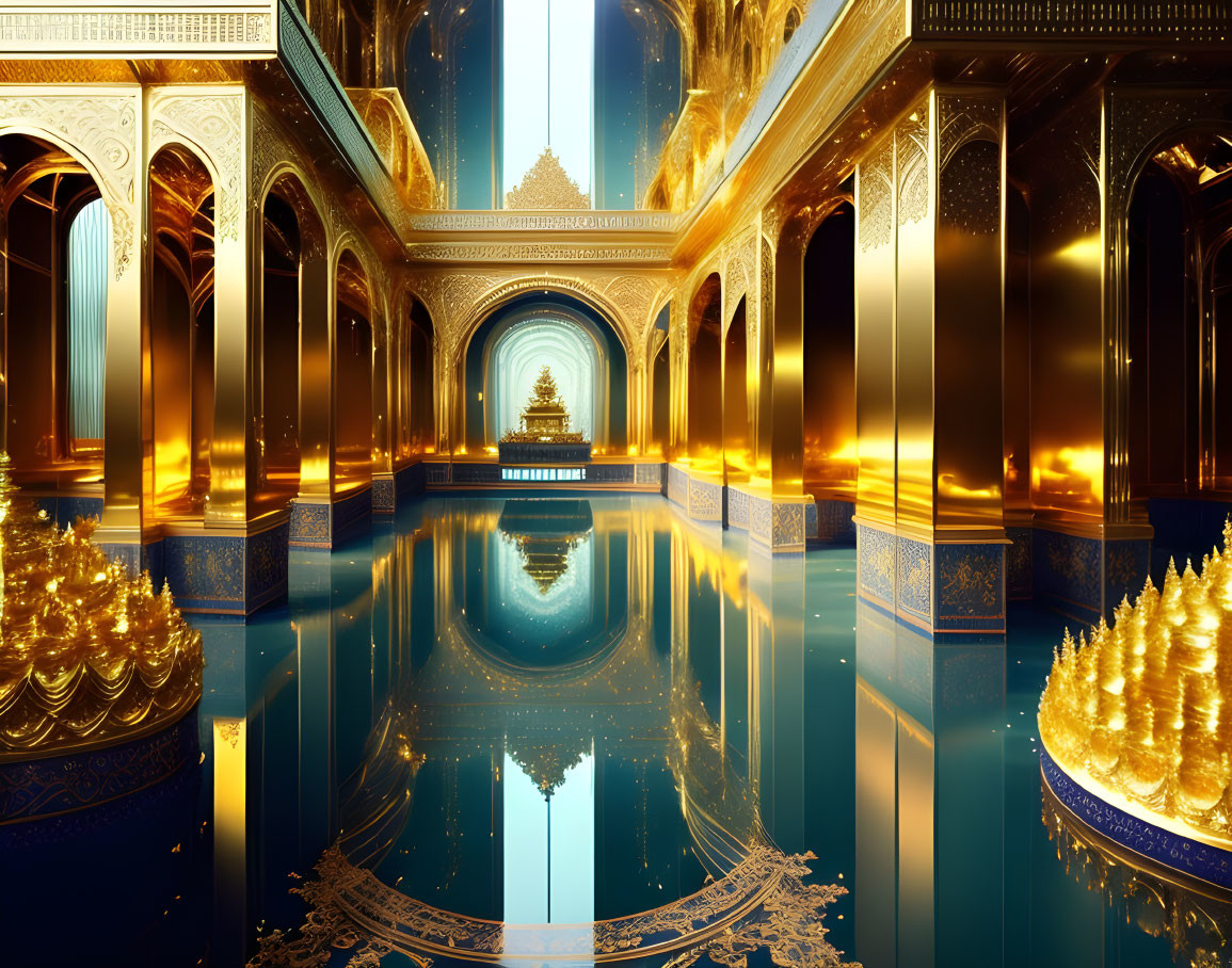 Luxurious Hall with Golden Walls, Arches, Reflective Floor, and Glowing Throne