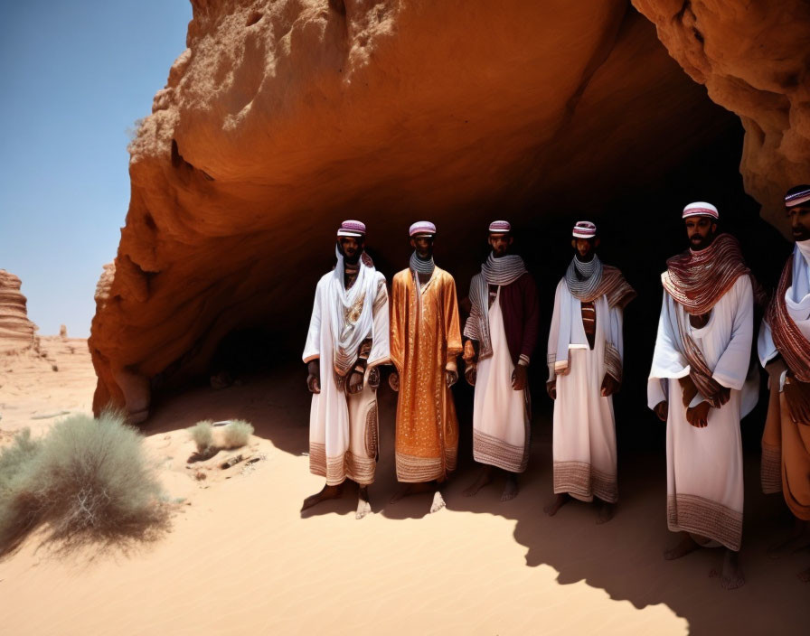 Men in Traditional Attire Standing in Desert Rock Formation