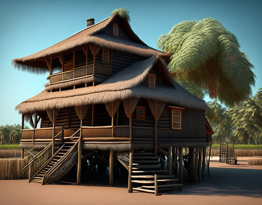 Tropical stilt house with thatched roof, wooden exterior, palm trees, and staircase