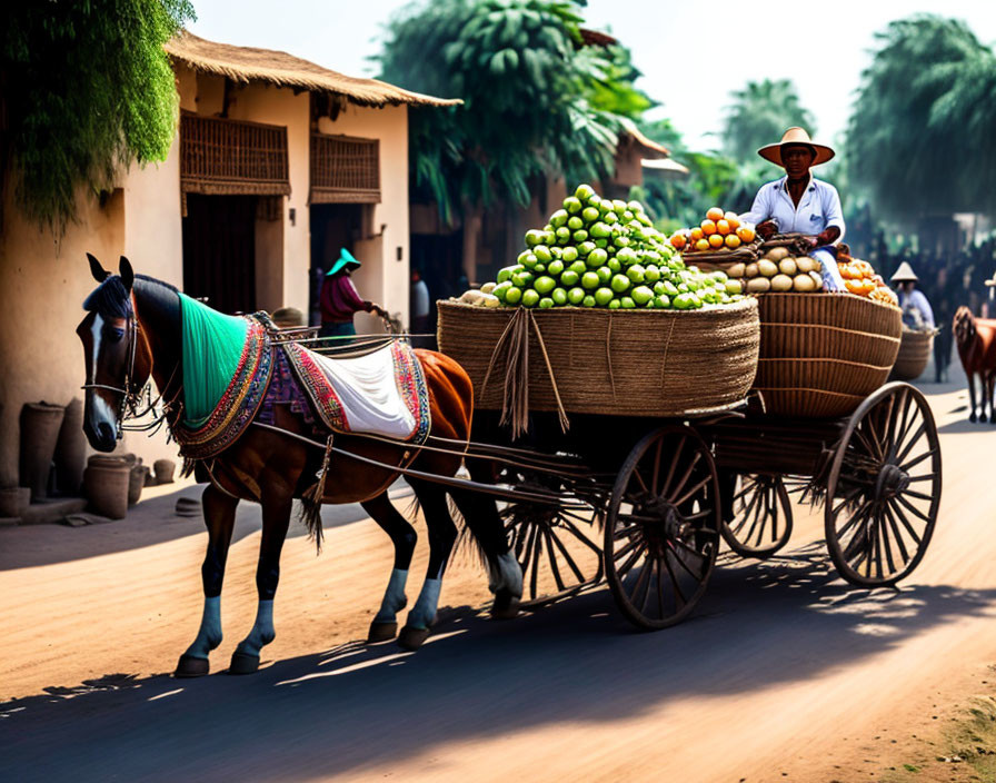 Person in wide-brimmed hat drives horse-drawn cart loaded with fruit through sunny street