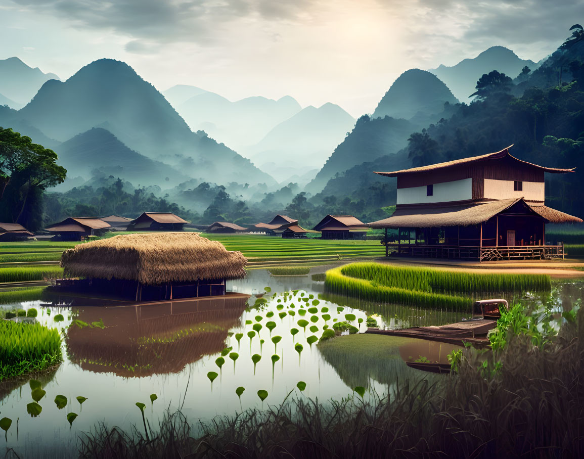 Traditional Thatched-Roof Village Beside Rice Paddies at Dusk