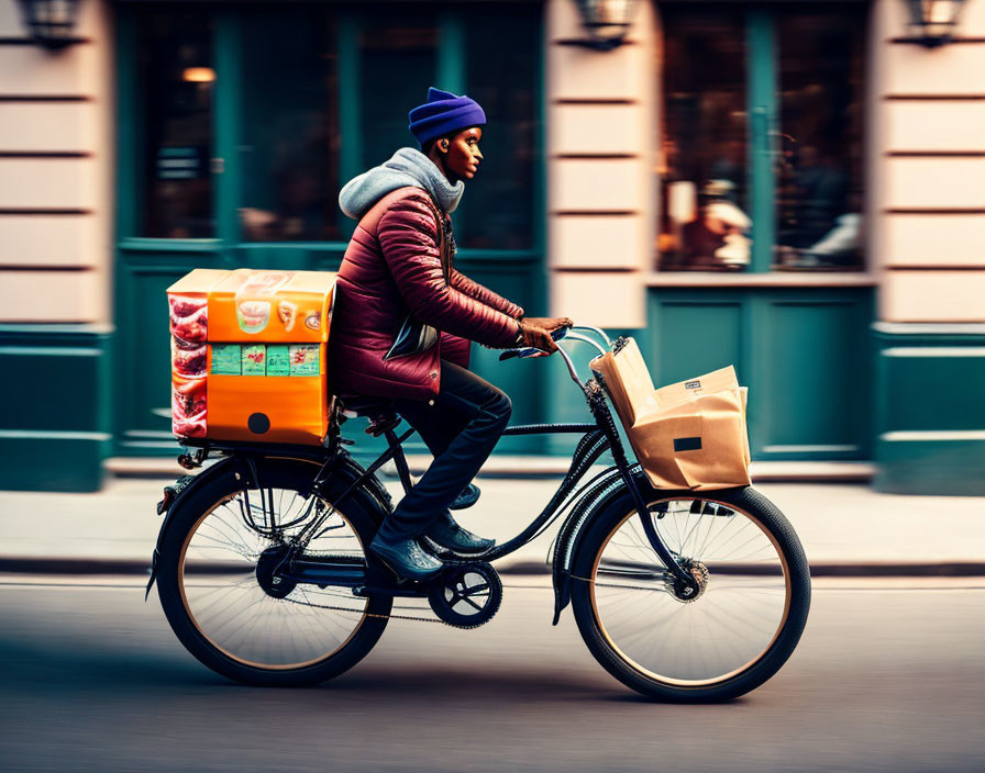 Delivery man cycling with groceries on urban street