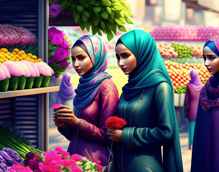 Two women in hijabs exploring a colorful flower market with fruit shelves in the background