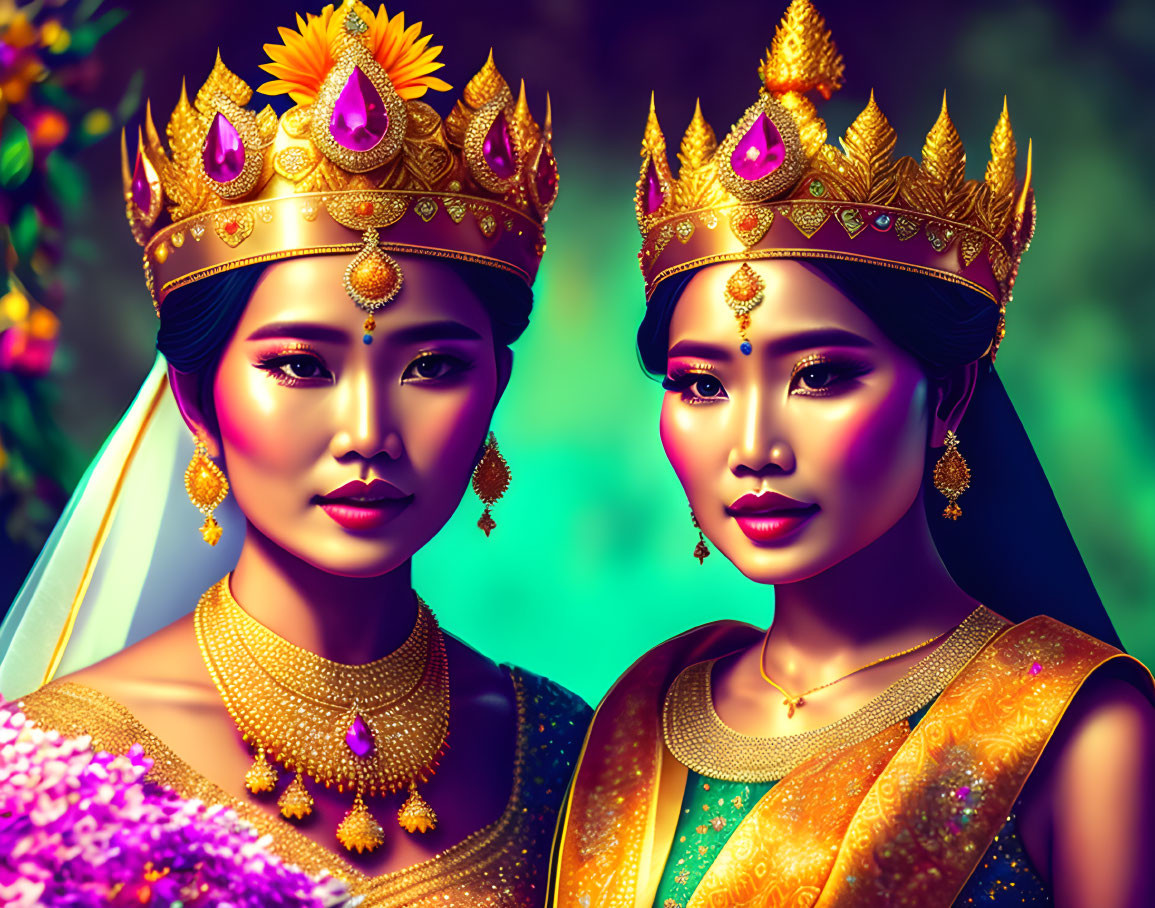 Women in golden traditional attire with elaborate crowns and jewelry on colorful backdrop