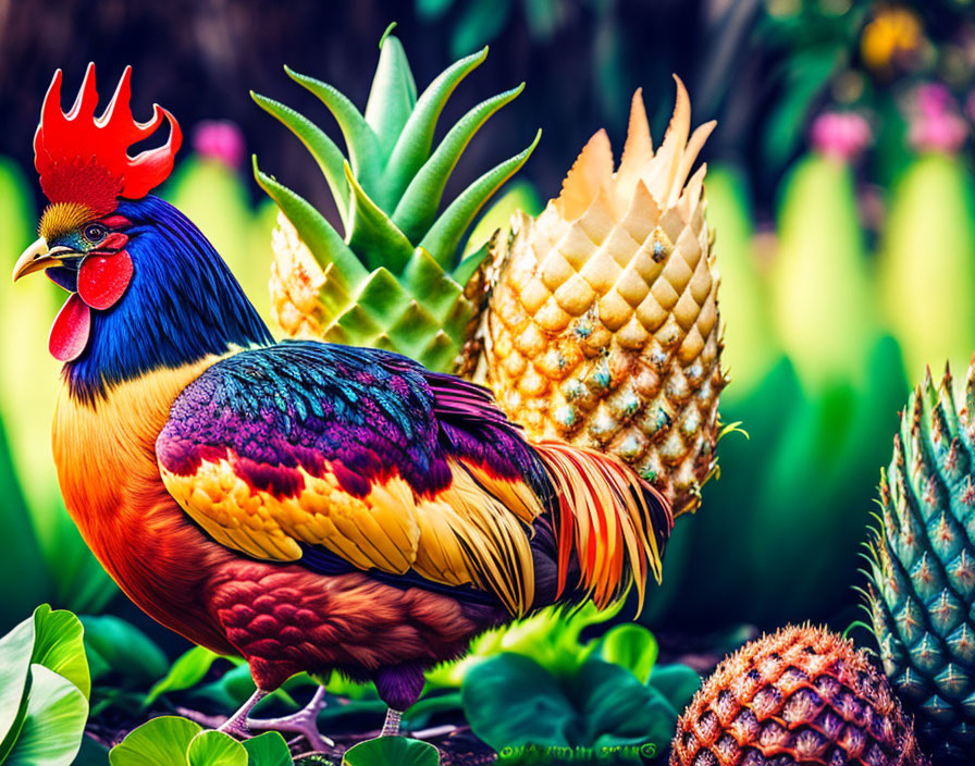 Colorful Rooster with Red Crest Among Pineapples and Greenery