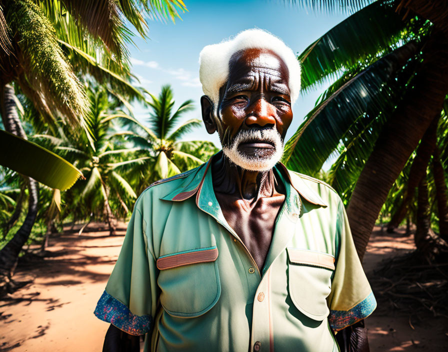 Elderly man with white hair and beard in green shirt by palm trees