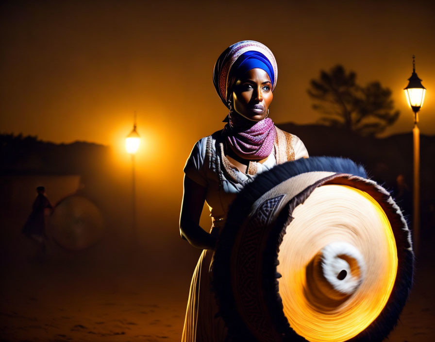 Colorful headscarf woman with drum at dusk street scene