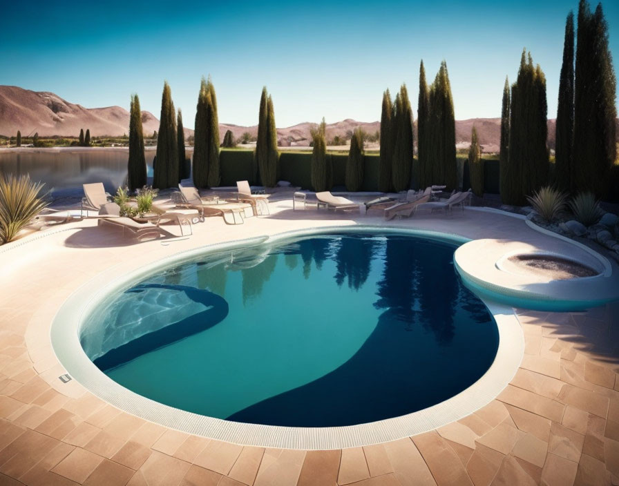 Scenic outdoor swimming pool with lake view and trees