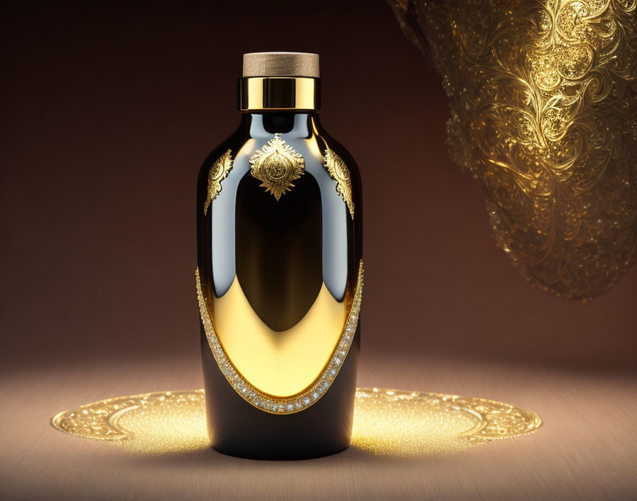 Luxurious Perfume Bottle with Ornate Gold Detailing on Dark Background