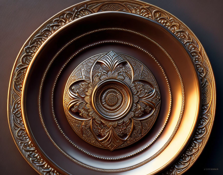 Bronze decorative plate with embossed floral motif on dark background