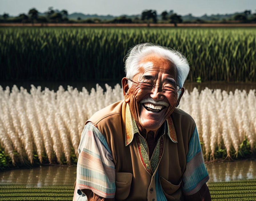 Joyful elderly man with white hair in front of tall white crops under clear sky