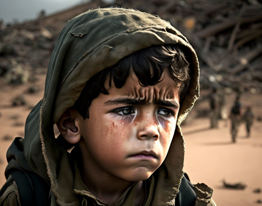 Young boy in hooded jacket gazes pensively in war-torn backdrop