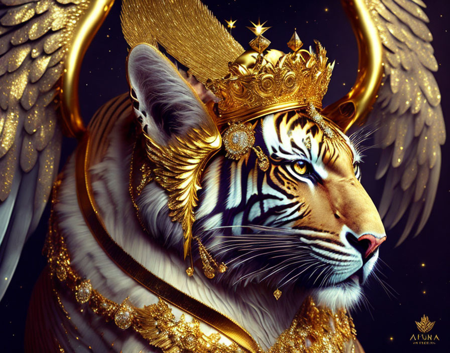 Regal Tiger with Golden Crown and Wings on Starry Night Sky