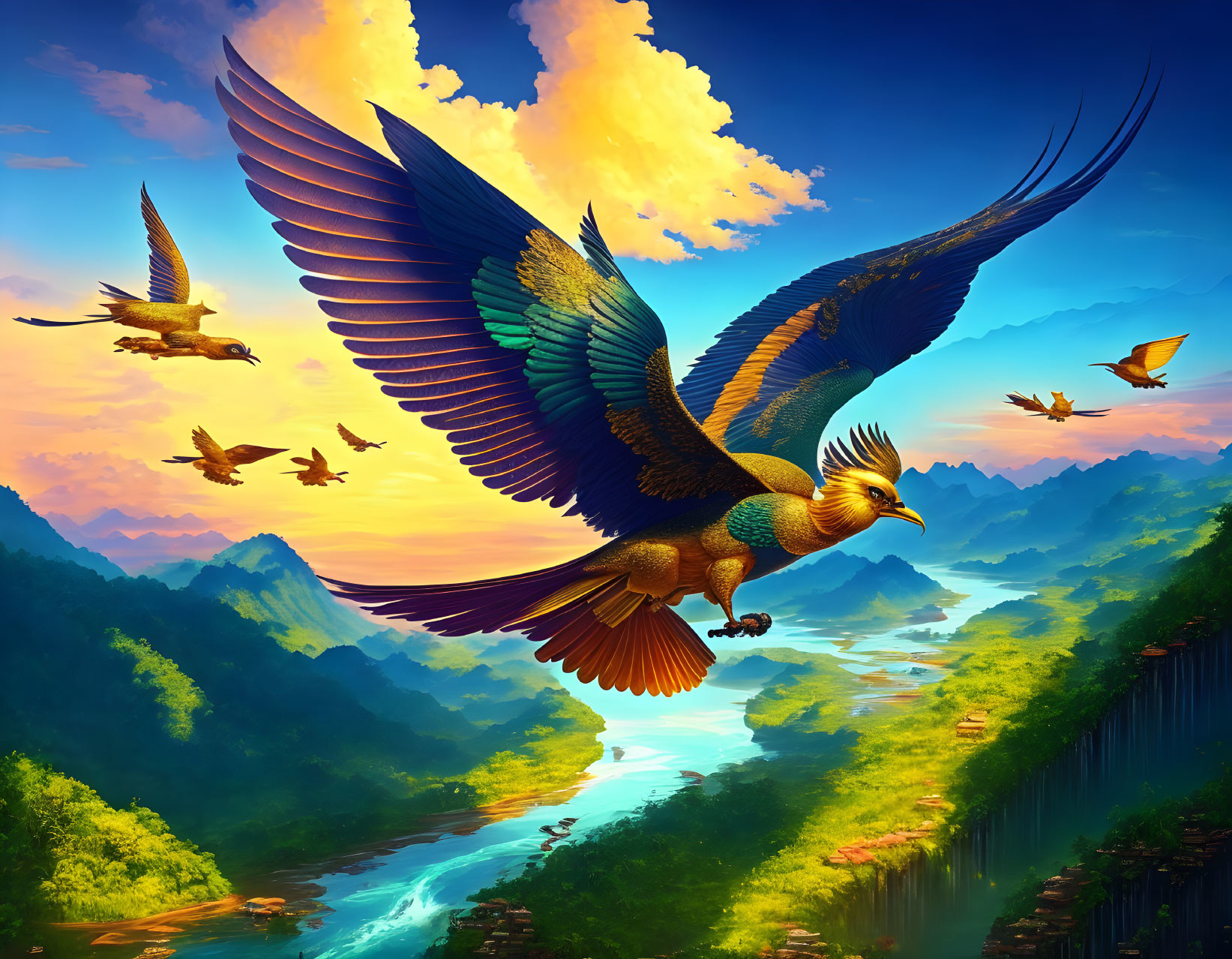 Majestic bird flying over vibrant valley with river and sunset sky