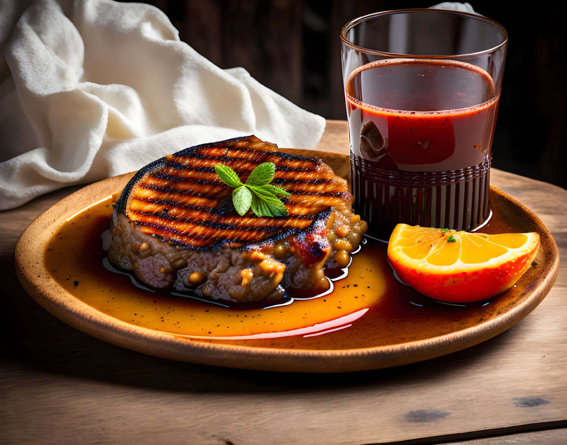 Juicy grilled steak with garnish, orange slice, and tomato juice on wooden table