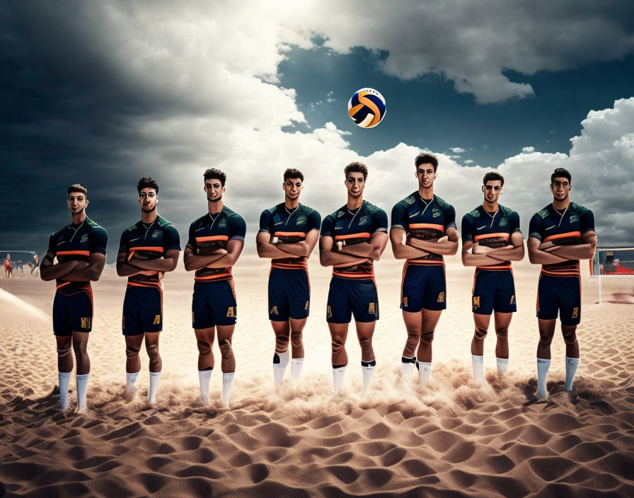 Seven sports players on beach with volleyball under dramatic sky