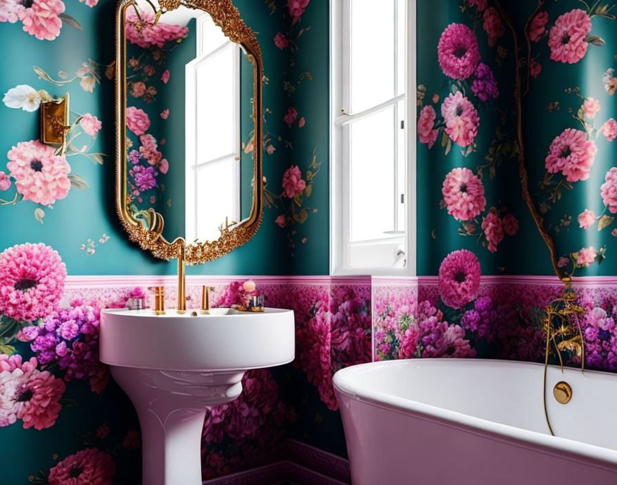 Teal Bathroom with Pink Floral Prints and Vintage Gold Mirror