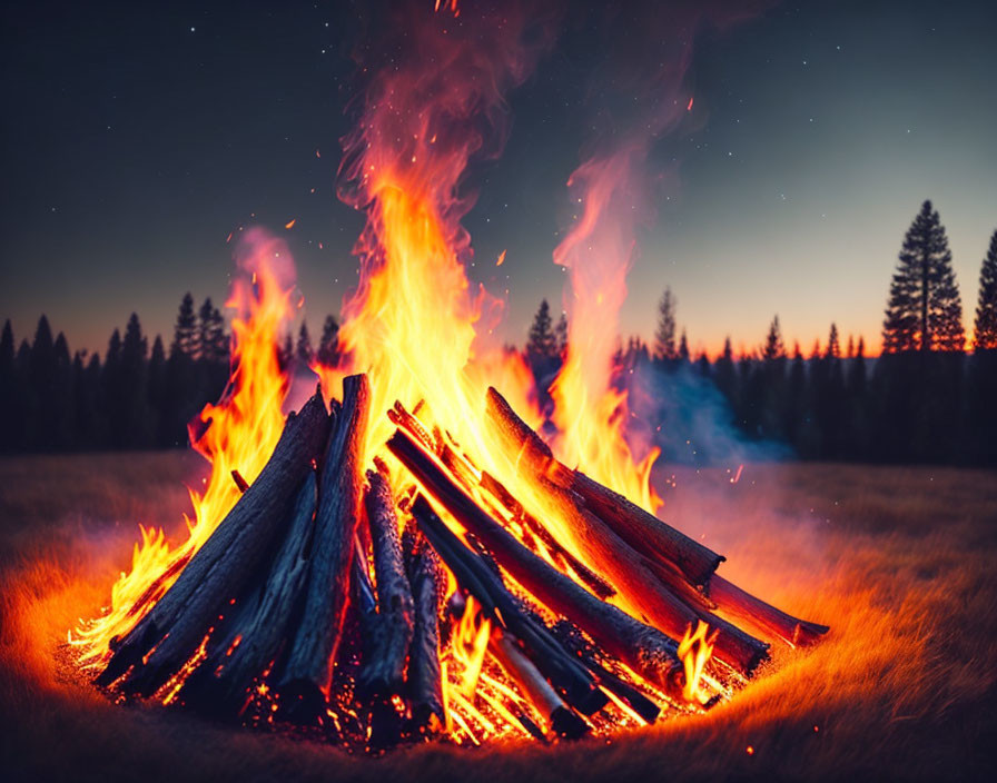 Vibrant campfire with tall flames against twilight sky & pine tree silhouettes