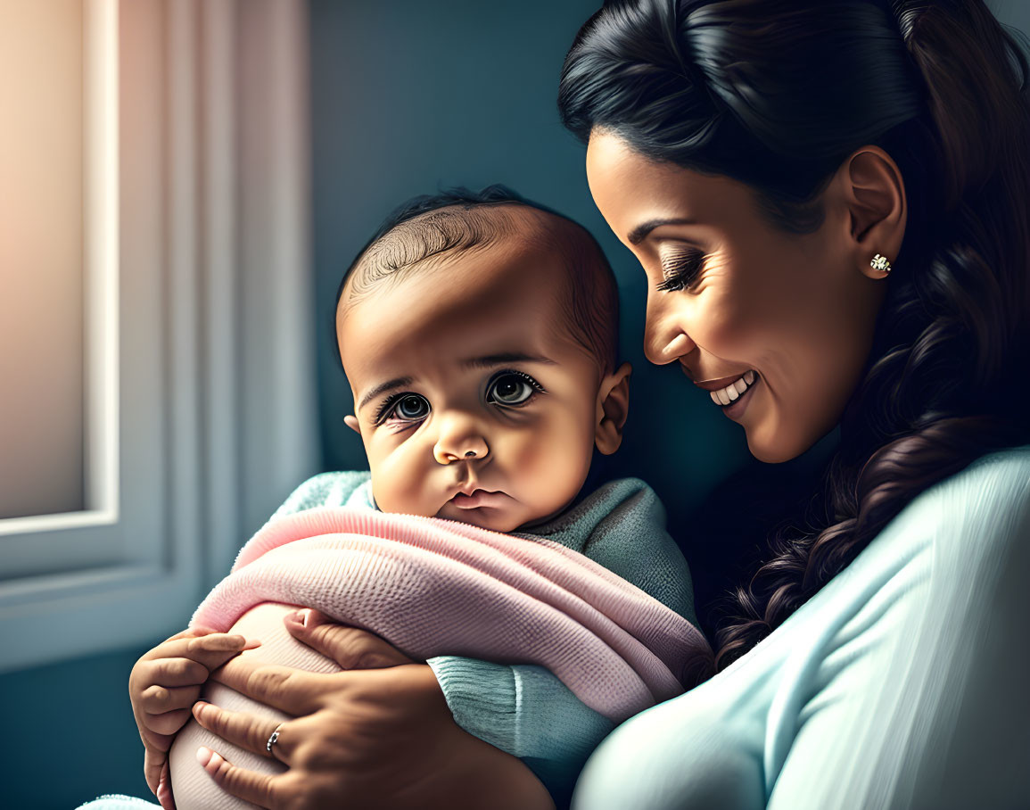 Mother holding baby by window in warm light