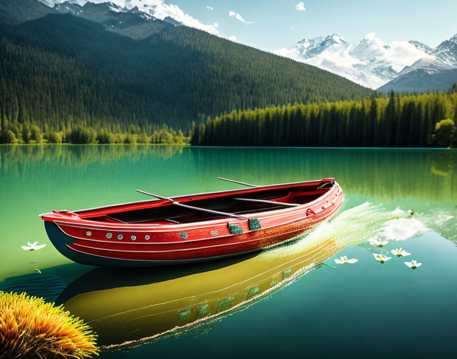 Scenic red canoe on clear lake with mountains and water lilies