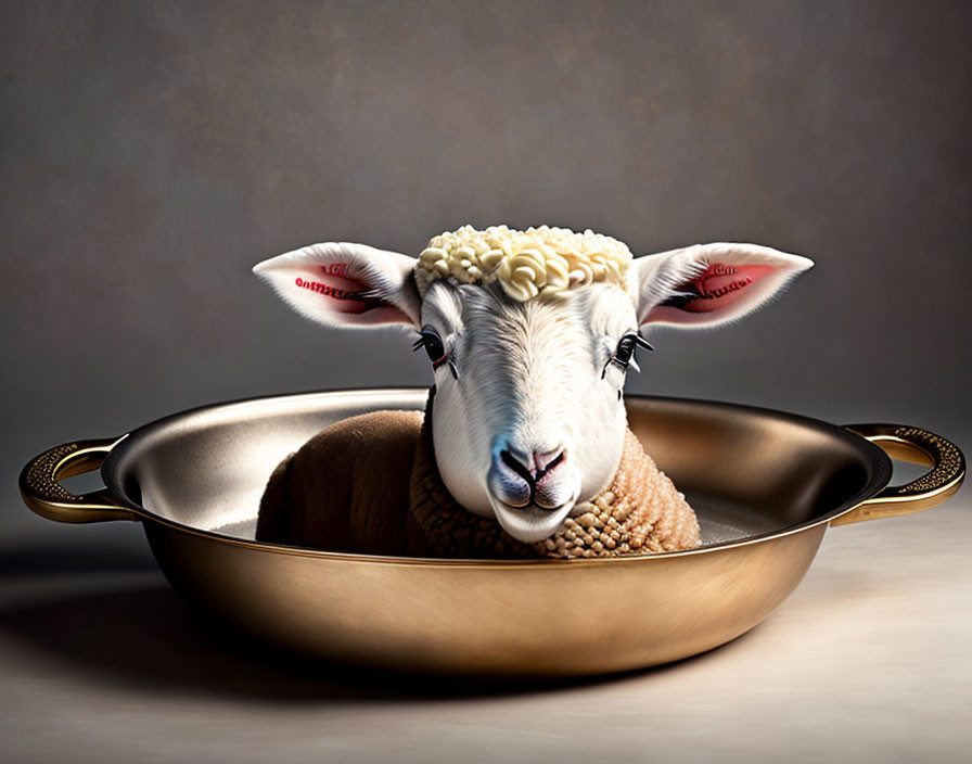 Whimsical digital artwork: Sheep with human-like eyes in golden frying pan