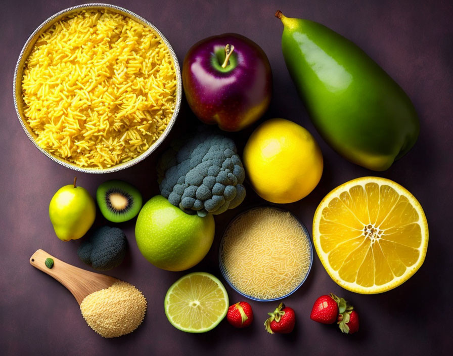 Assorted fresh fruits and grains on dark surface