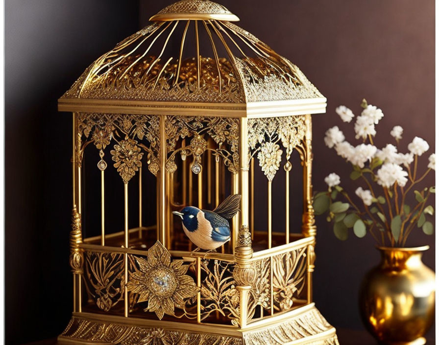 Golden birdcage with floral patterns and small bird beside vase of white flowers