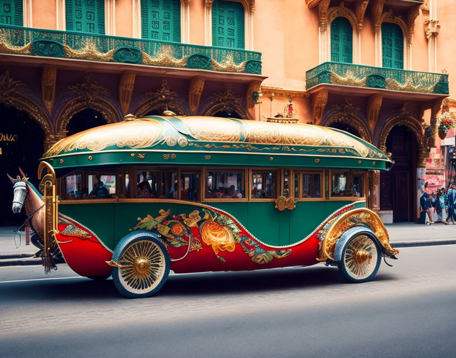 Ornate horse-drawn carriage with golden accents on city street