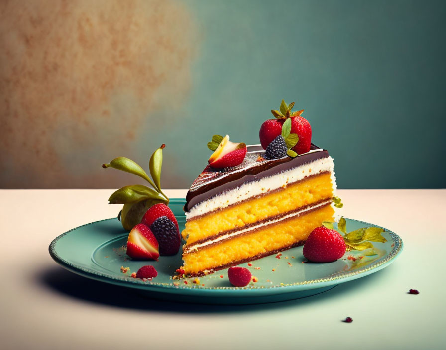 Layered cake with chocolate icing, strawberries, and leaves on blue plate