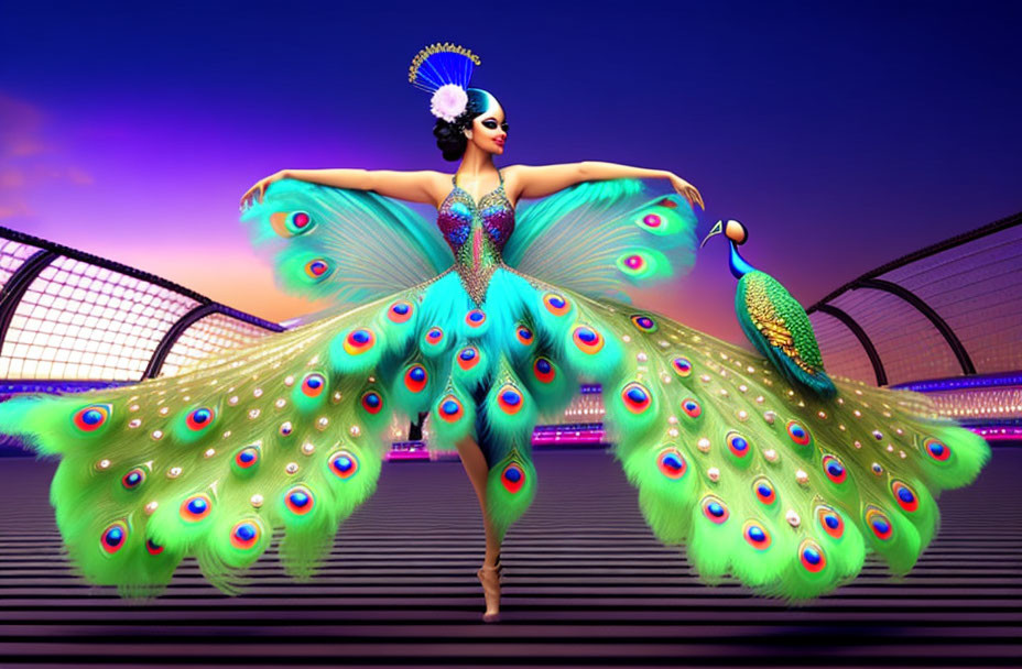 Elaborate peacock costume dancer with outstretched wings on vibrant sunset-lit stage