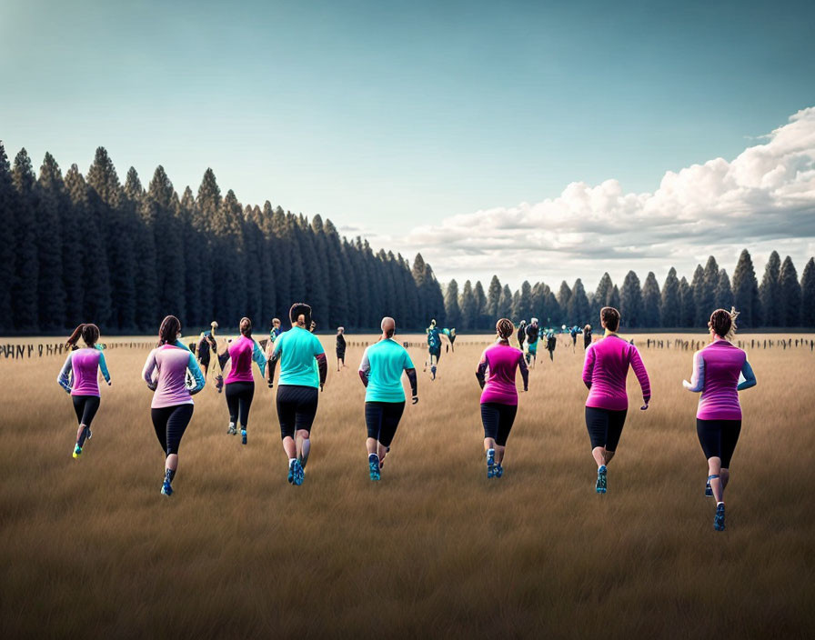 Colorful runners jog through grassy field with forest backdrop