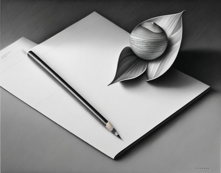 Pencil drawing of 3D sphere on paper with petal-like shapes