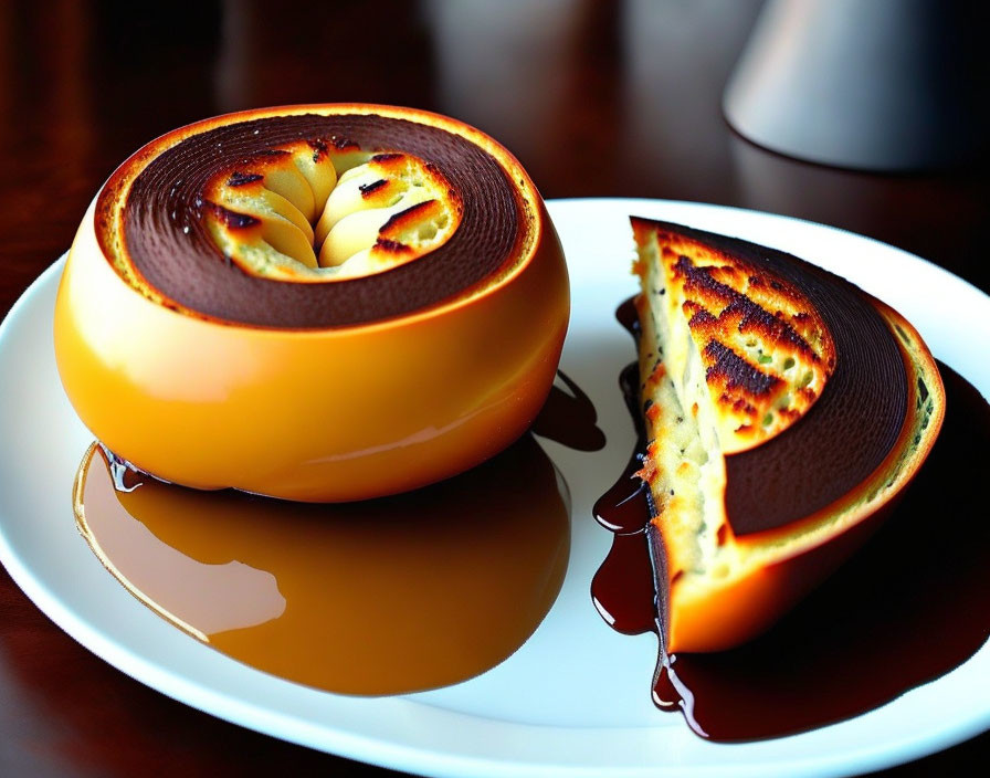 Caramel flan dessert with glossy top, creamy interior, and syrup on white plate