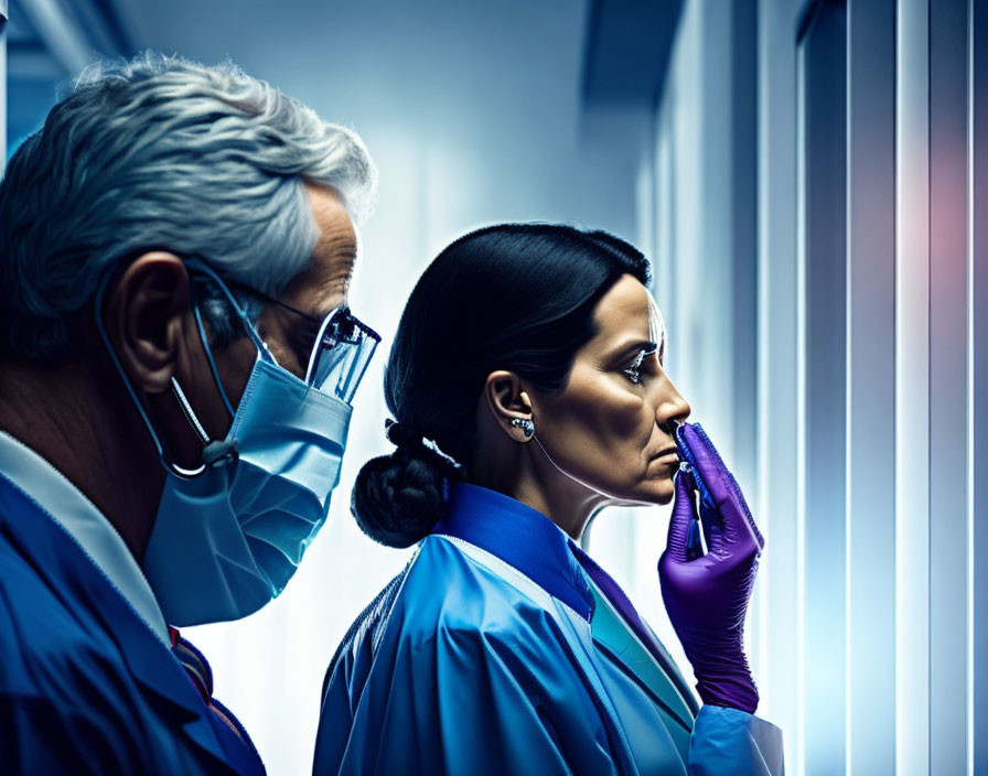 Focused female healthcare professional in blue scrubs with male colleague in masks and gloves in dimly lit setting