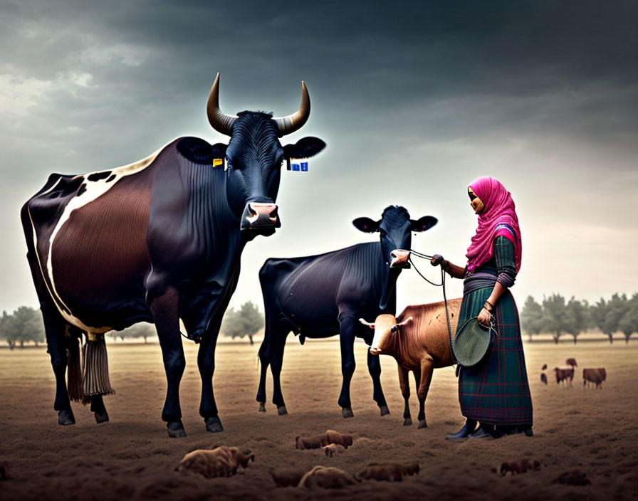 Woman with cows and sheep in open field scene.